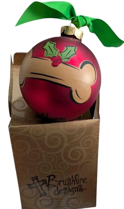 Other - Blown Glass Handpainted Dog Bone Christmas Ornament Bow Red 4” Ball Pet New Box